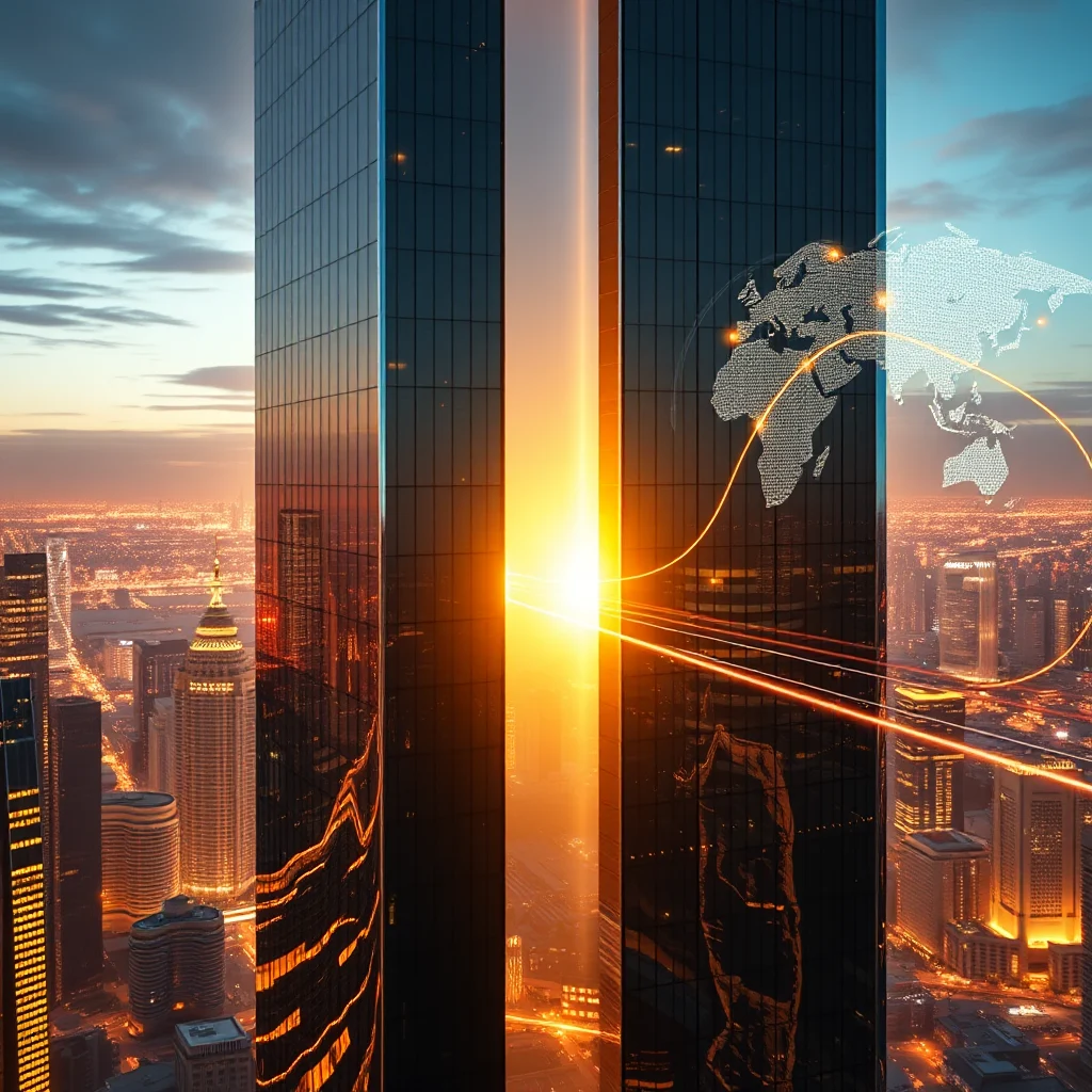 A panoramic shot captures a city skyline at dusk, with towering glass skyscrapers dominating the scene. A warm, golden light bursts from between two of the buildings, casting long shadows and illuminating the cityscape below. A digital map of the world, made of glowing dots, is superimposed onto the right side of the image, with a circular orange line connecting various points on its surface, suggesting global connectivity. The sky above is a mix of soft blues and oranges, with wispy clouds.