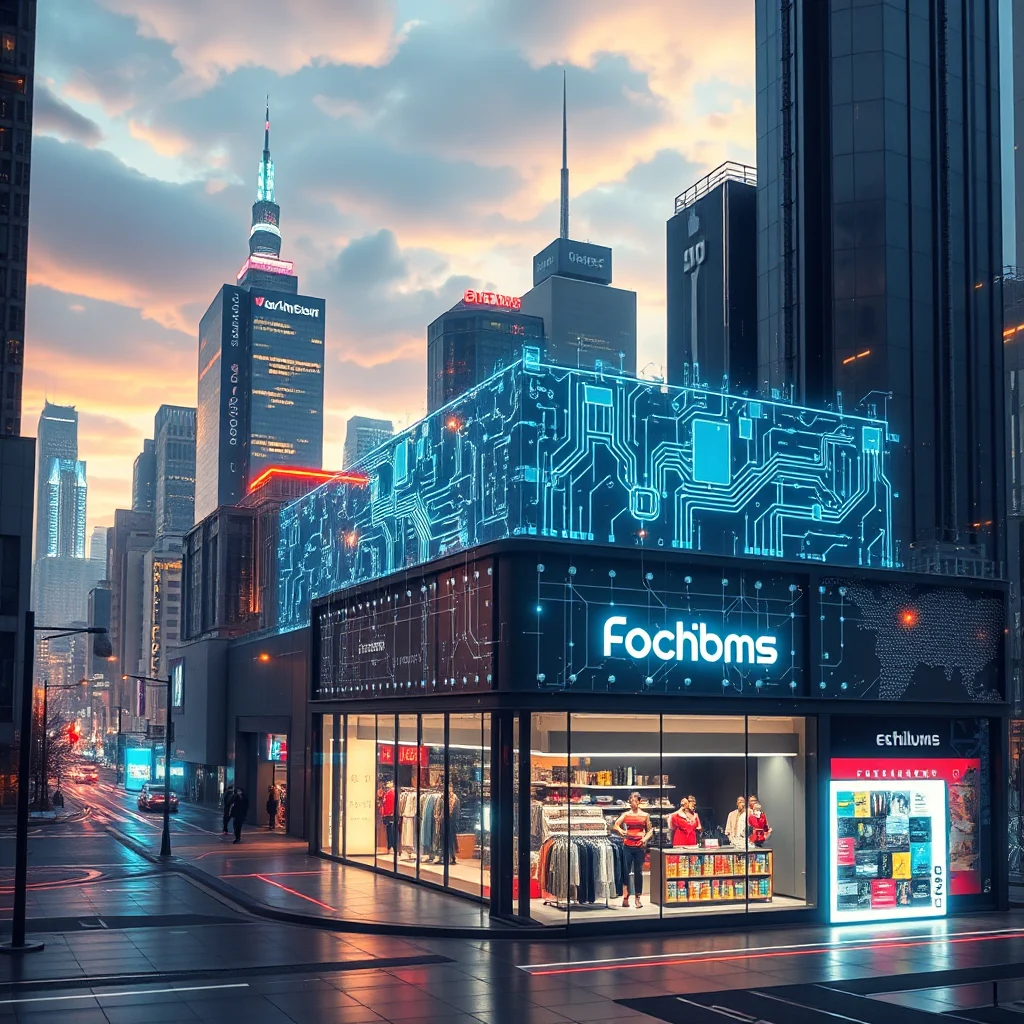 A futuristic cityscape at dusk with a modern retail store featuring a glowing blue circuit board design on its facade.
