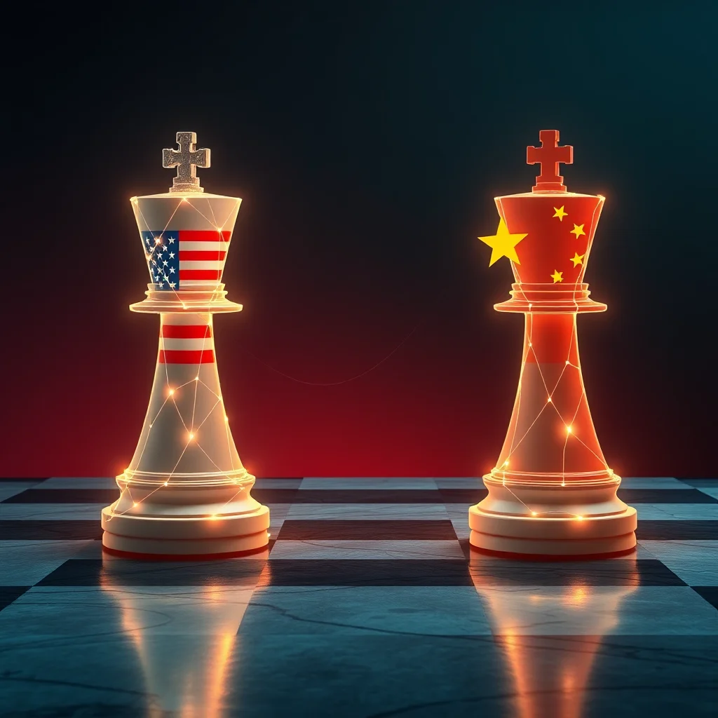 Two chess kings on a board, one representing the US and the other China, locked in a strategic standoff.