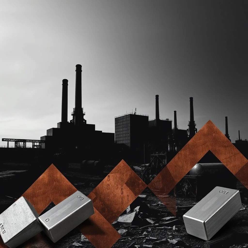 A grayscale image of a silhouetted industrial complex with smokestacks and a factory building against a bright sky. In the foreground, three silver ingots are arranged on a textured, reddish-brown surface.