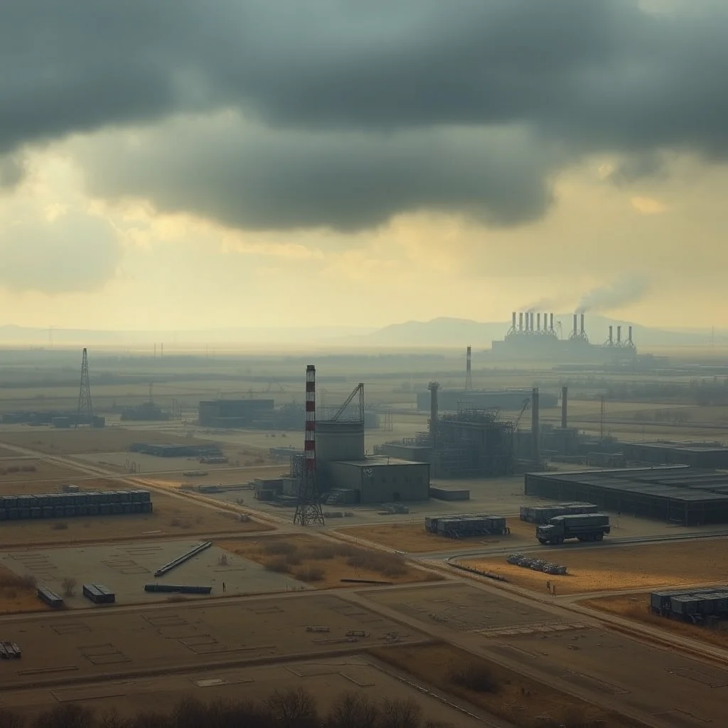 An aerial view of a sprawling industrial complex under a dramatic, overcast sky with sunlight breaking through in the distance, revealing a vast landscape dotted with factories, smokestacks, and transportation infrastructure.