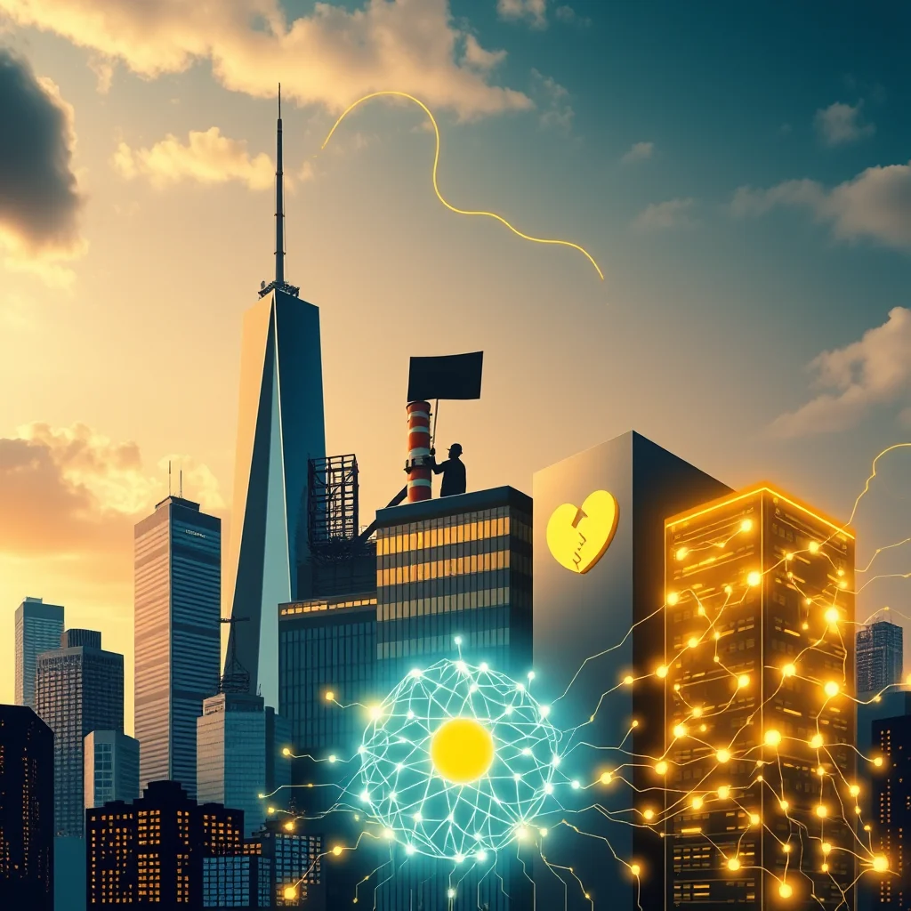 A futuristic cityscape at sunset with glowing buildings and a network of lights resembling a brain or atom.