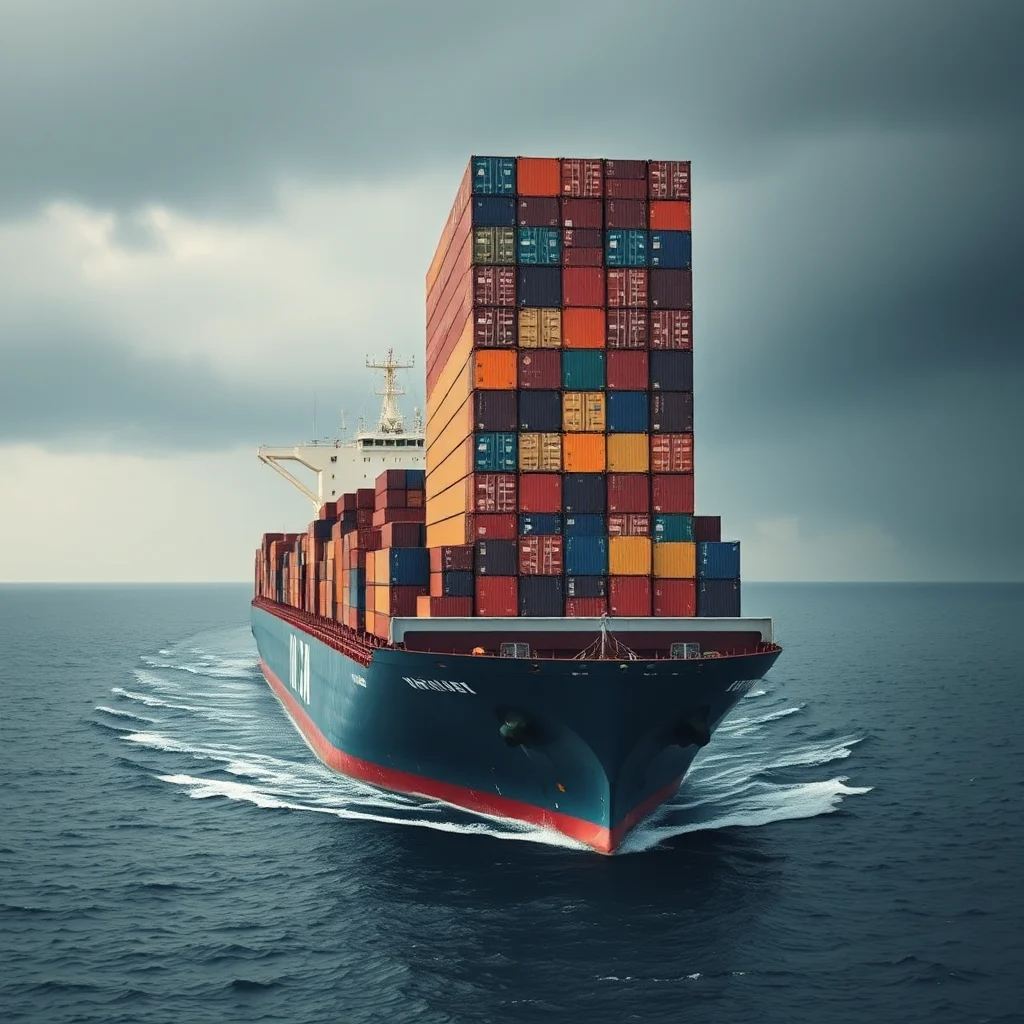 A large cargo ship carrying many stacked shipping containers sails on a choppy ocean under a cloudy sky.