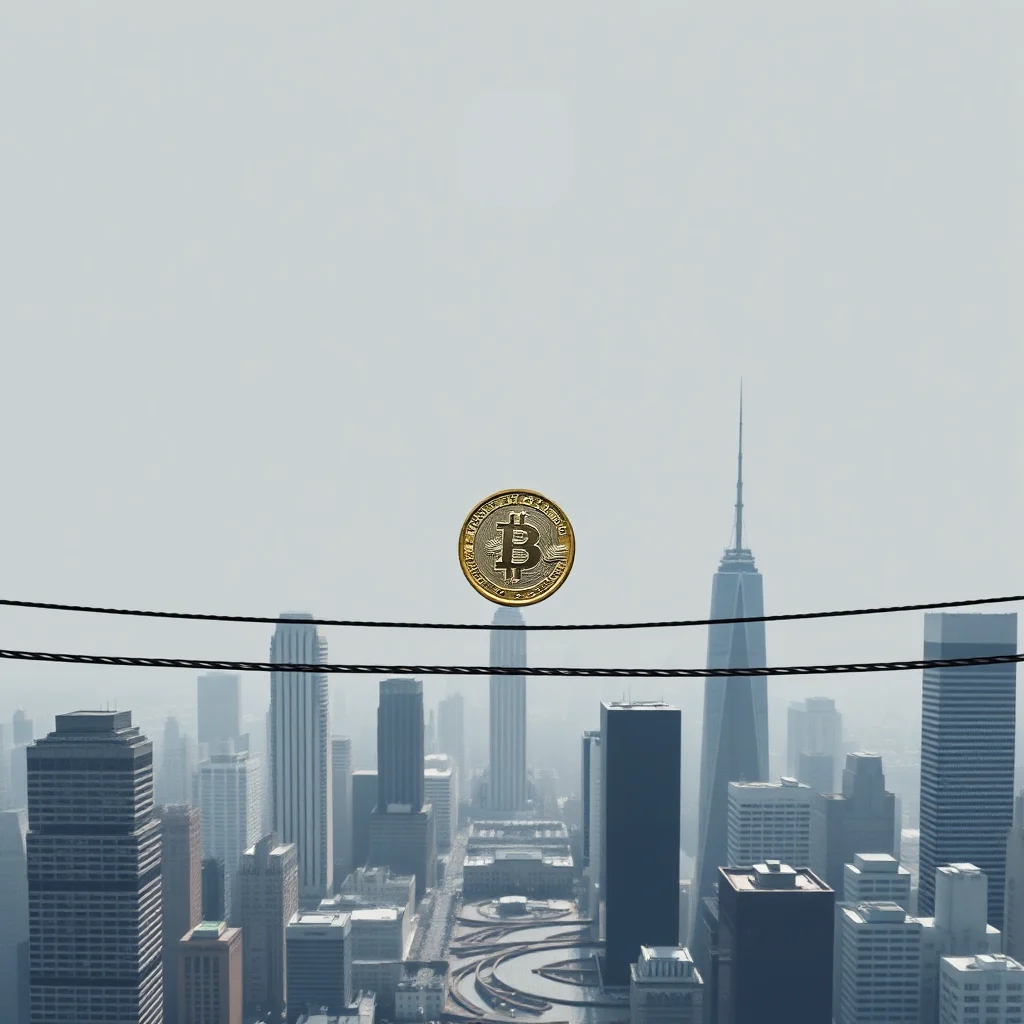 A golden Bitcoin coin hangs suspended by two black wires over a hazy city skyline.