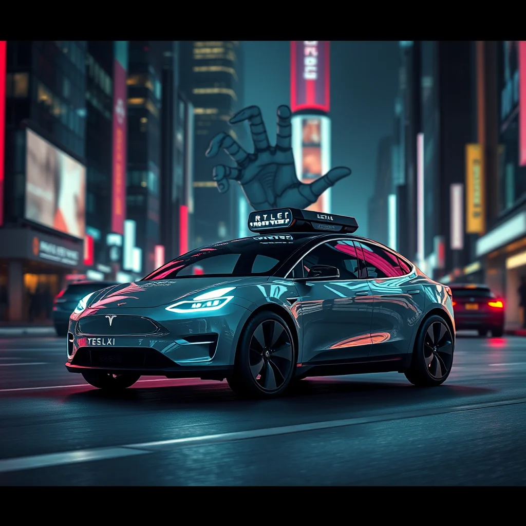 A futuristic, teal Tesla is driving down a neon-lit city street at night, with a giant, robotic hand reaching out from behind a towering skyscraper.