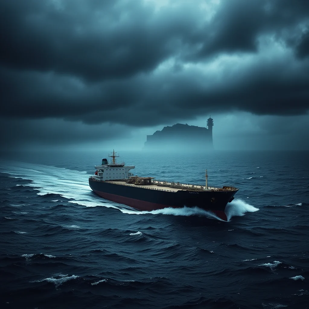 A large cargo ship sails through choppy, dark blue waters under a stormy, overcast sky. In the distance, a silhouette of an island with a lighthouse is shrouded in mist.