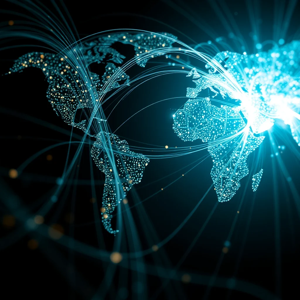 A glowing blue digital map of the world, with continents formed by interconnected dots, overlaid with bright blue lines representing global connections and data flow emanating from a bright light in East Asia.