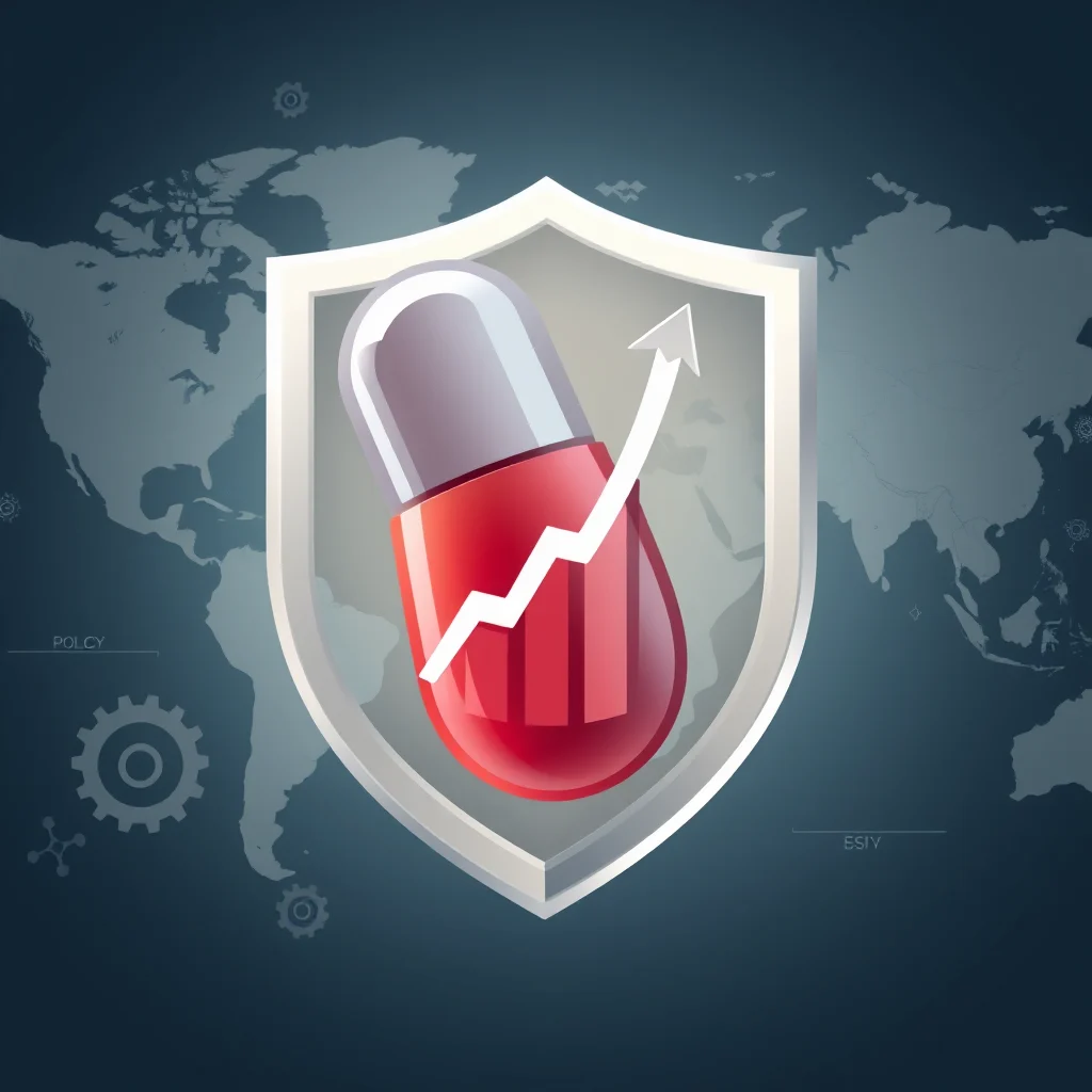 A shield with a red and silver capsule inside, with a white arrow graph showing an upward trend superimposed on it, set against a dark blue background with a faint world map and small gear icons.