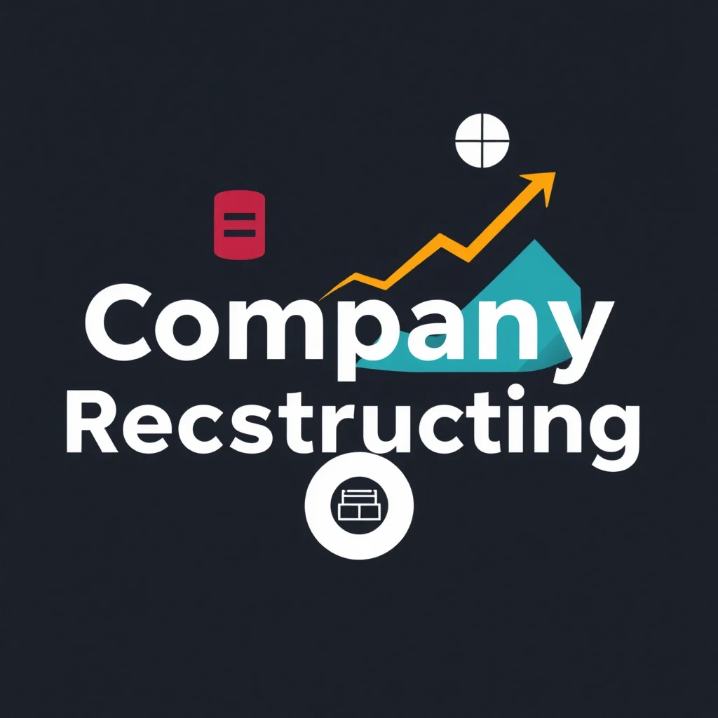 Logo for "Company Restructuring" with a red icon of parallel lines, a rising graph, and a white circle with an icon resembling stacked books.