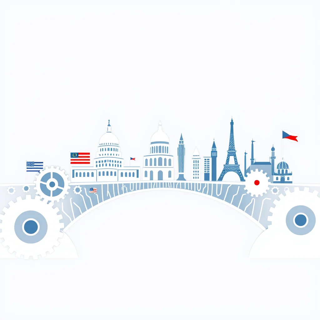 A stylized cityscape featuring iconic buildings from different countries, including the US Capitol, the Eiffel Tower, and Big Ben, all connected by a white bridge adorned with gear graphics. The buildings are rendered in a simple blue silhouette against a white background, with flags of various nations placed in front of some structures. The overall design suggests a theme of global connection or collaboration.