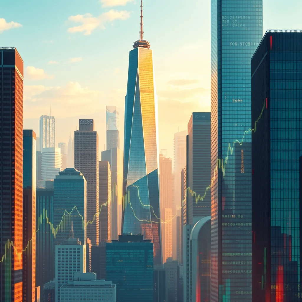 A sunlit cityscape with skyscrapers and a stock market graph overlay.