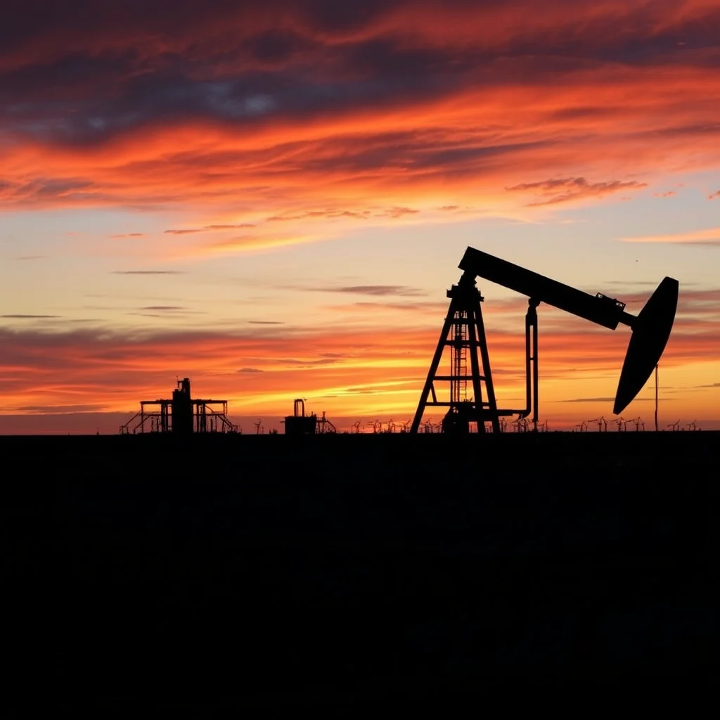 A silhouetted oil pumpjack stands against a vibrant sunset sky filled with orange and red clouds, with other industrial structures visible in the distance.