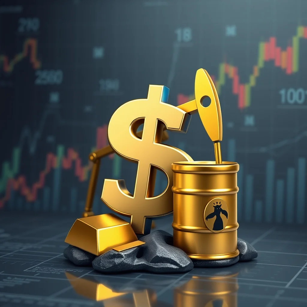 A golden dollar sign, oil barrel, and gold bar rest on dark rocks in front of a stock market graph.