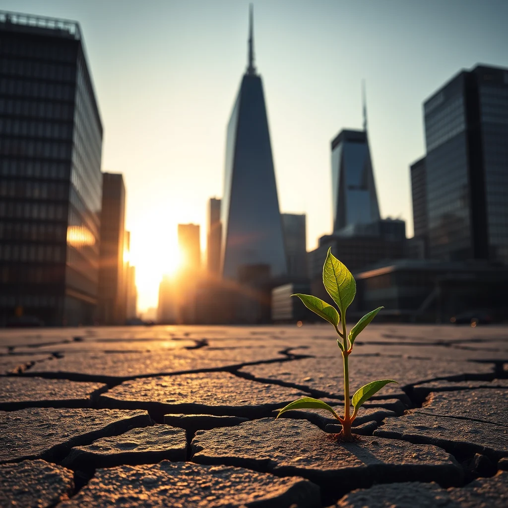 A seedling sprouts from cracked pavement in a city street, with skyscrapers and a setting sun in the background.