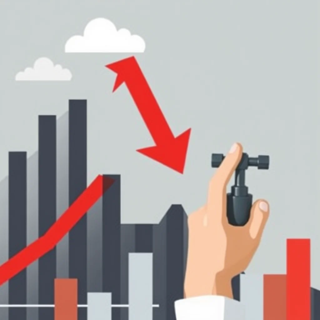 A hand is shown turning off a faucet with a red downward arrow pointing towards it, superimposed over a bar graph indicating a financial downturn.