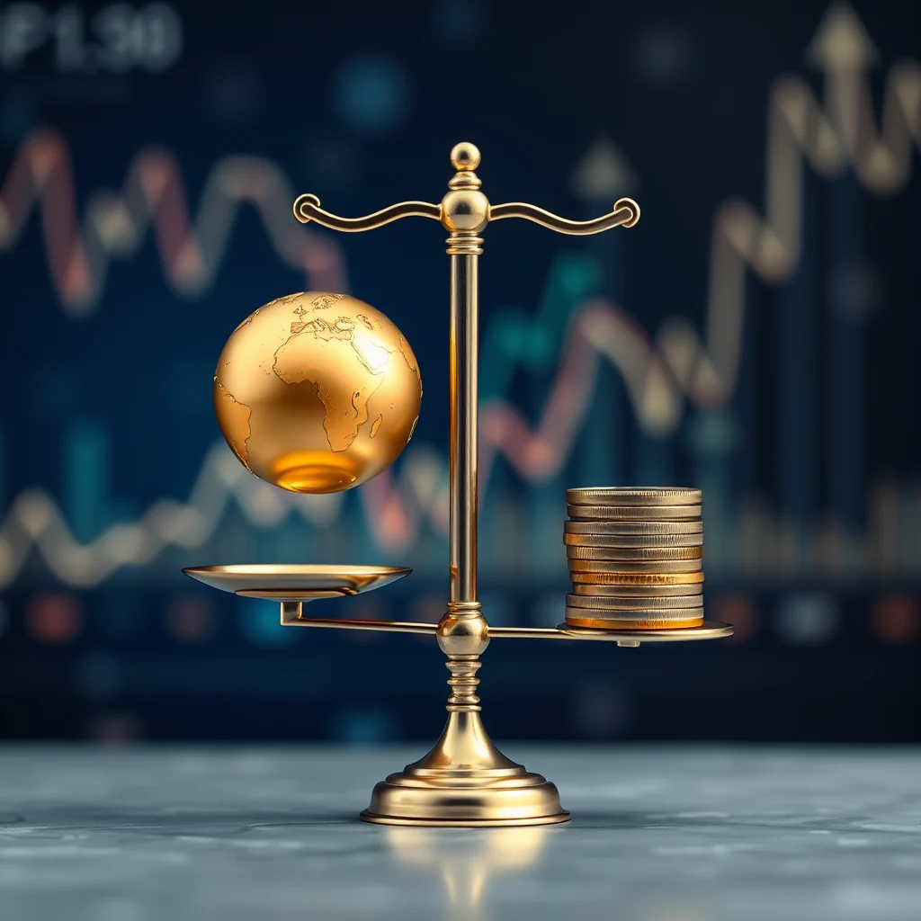 A golden globe representing the Earth rests on the left pan of a gold balance scale, while a stack of gold coins rests on the right pan. The background shows a blurred financial graph.