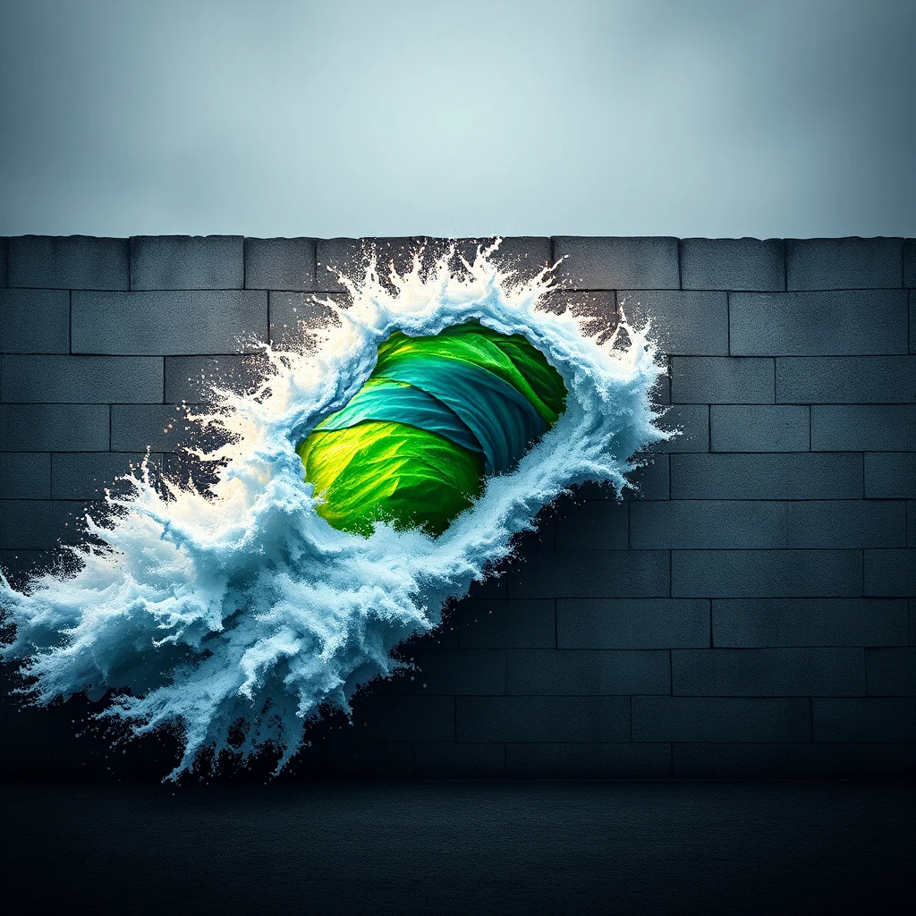 A green, bulbous object is bursting through a dark gray brick wall, with a splash of white water erupting around the breach.