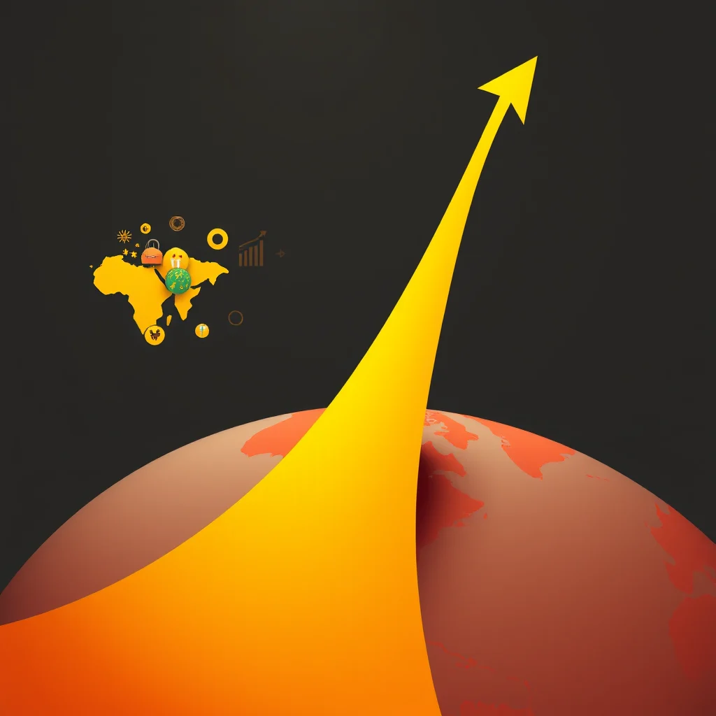 A yellow arrow pierces the dark gray background, arcing upwards from a reddish-brown globe. The arrow begins wide at the bottom, hinting at a launch, and tapers to a sharp point at the top. To the left of the arrow, a stylized yellow map of Africa is dotted with small, colorful icons. These include a green globe with yellow continents, two orange padlocks, a yellow circular graph, and a small yellow chicken.