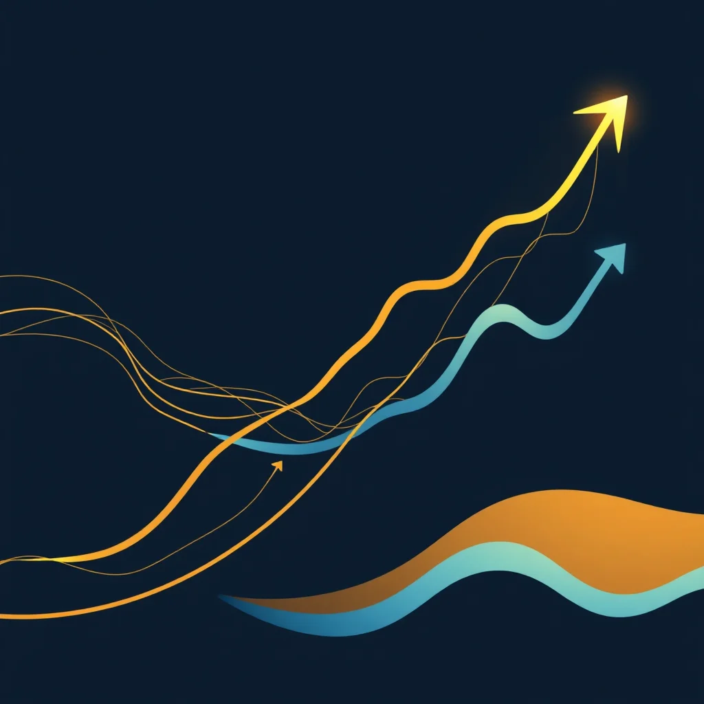 Abstract dark blue background with two wavy upward-pointing arrows, one yellow and one light blue, with thinner golden lines intertwining them.