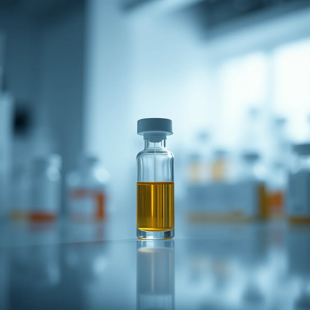 A clear glass vial containing a golden liquid is placed on a reflective surface, with a white cap on top. Multiple out-of-focus vials and laboratory equipment are visible in the background.