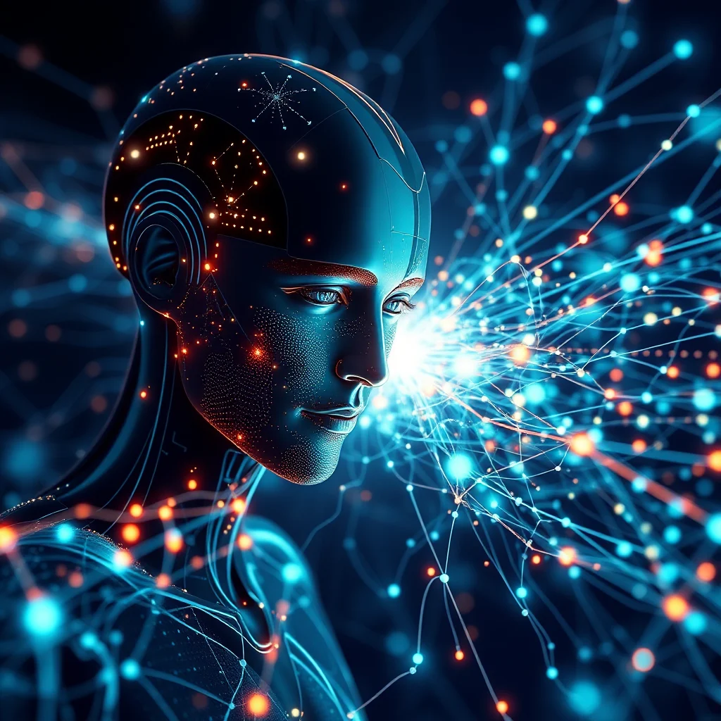 A close-up of a human-like robot's head and shoulders, illuminated by a bright blue and orange network of glowing lines and dots, representing a digital consciousness.