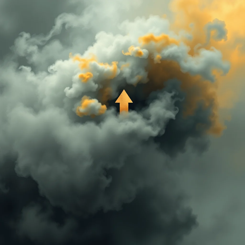 An upward-pointing orange arrow emerges from dark, swirling clouds with highlights of yellow and white.