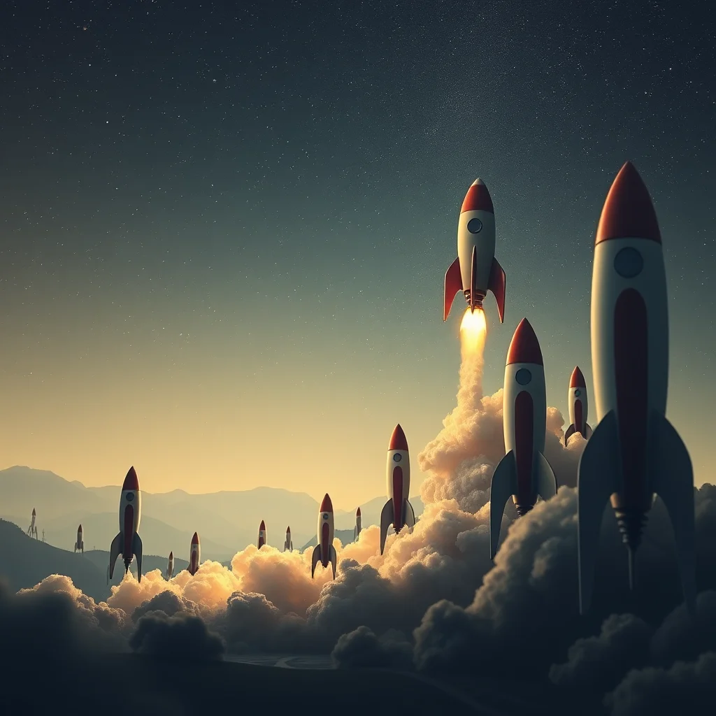Multiple red and white rockets are launching into a starry night sky, surrounded by clouds and mountains.