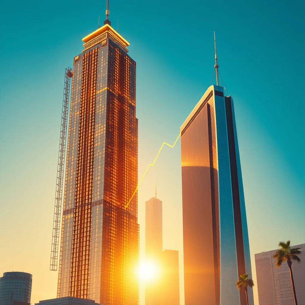 A financial graph overlaid on a sunny cityscape with towering skyscrapers, bathed in golden hour light.