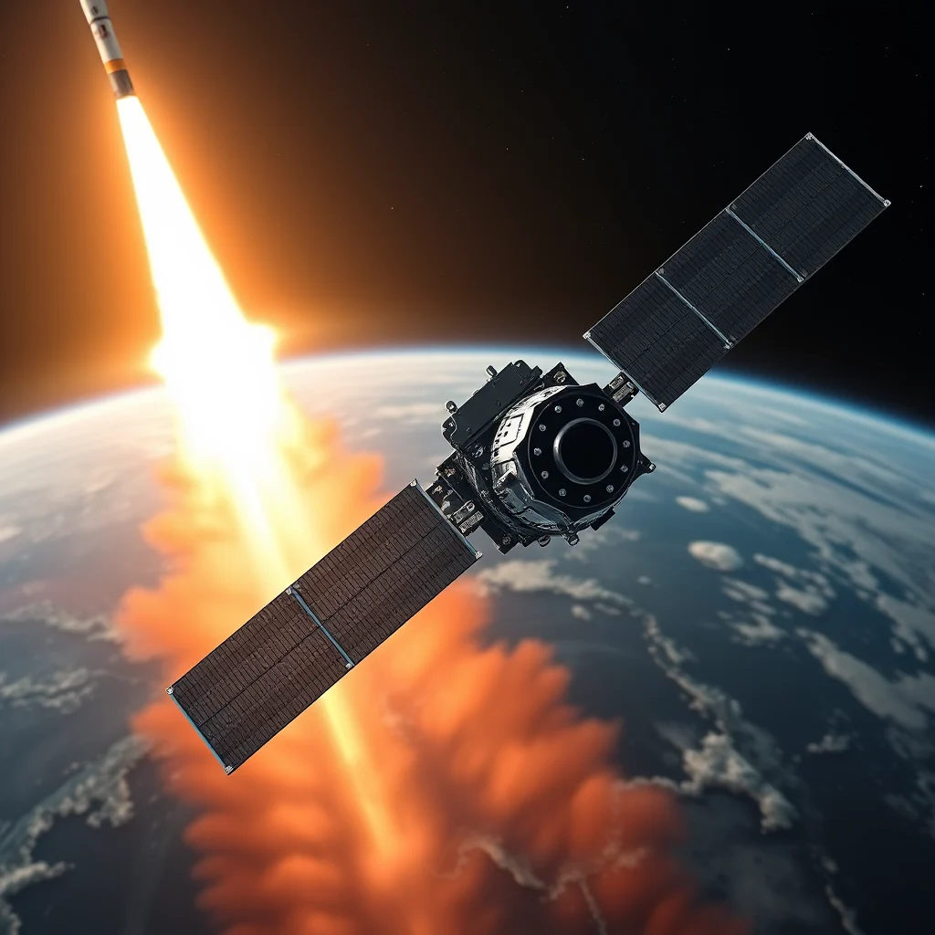 A satellite with solar panels orbits Earth as a rocket launches below.