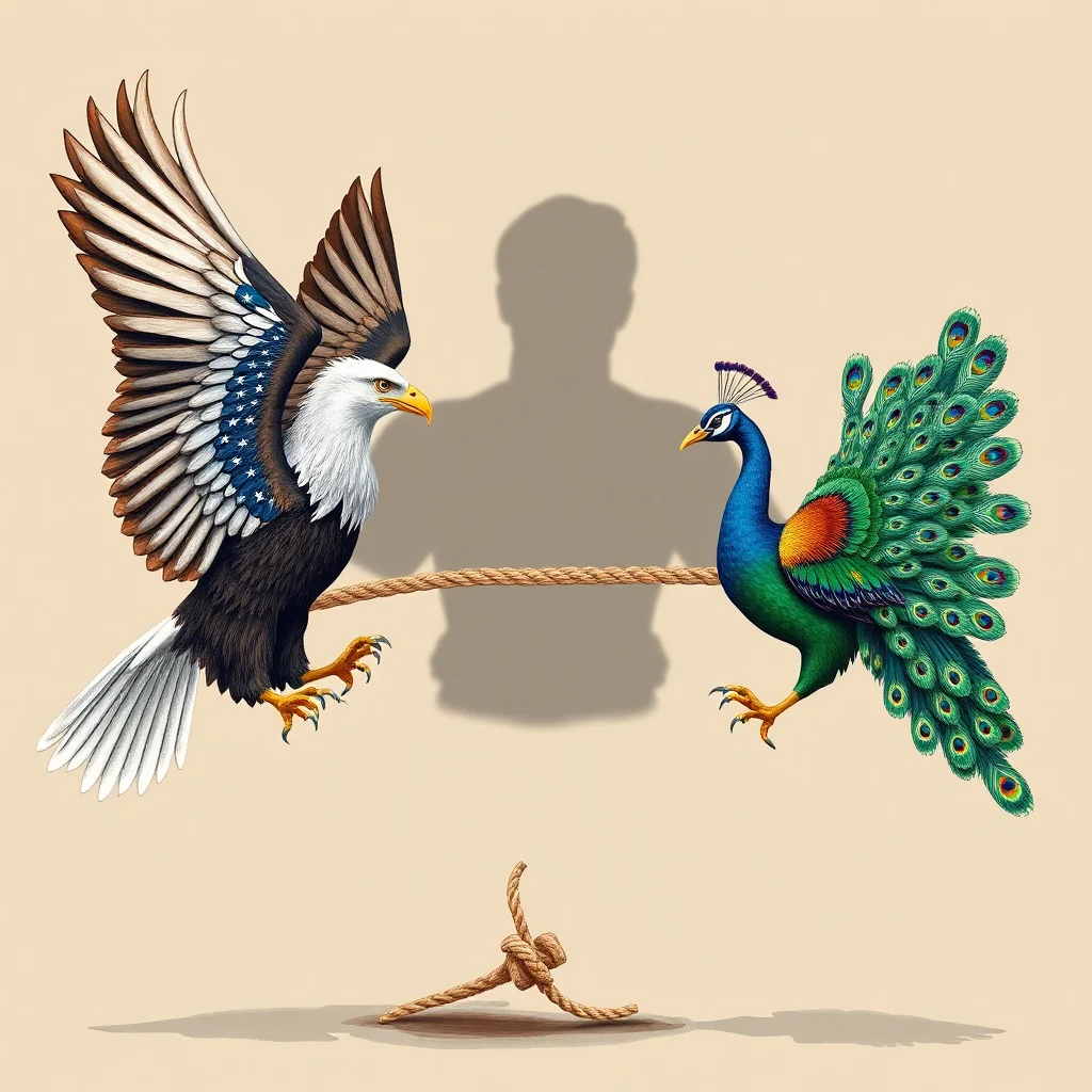 An eagle with American flag patterns on its wings and a peacock are on opposite sides of a tug-of-war rope, with a shadow of a person behind them.
