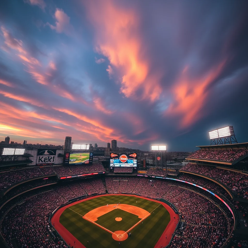An aerial, high-angle view of a packed baseball stadium during a fiery sunset.