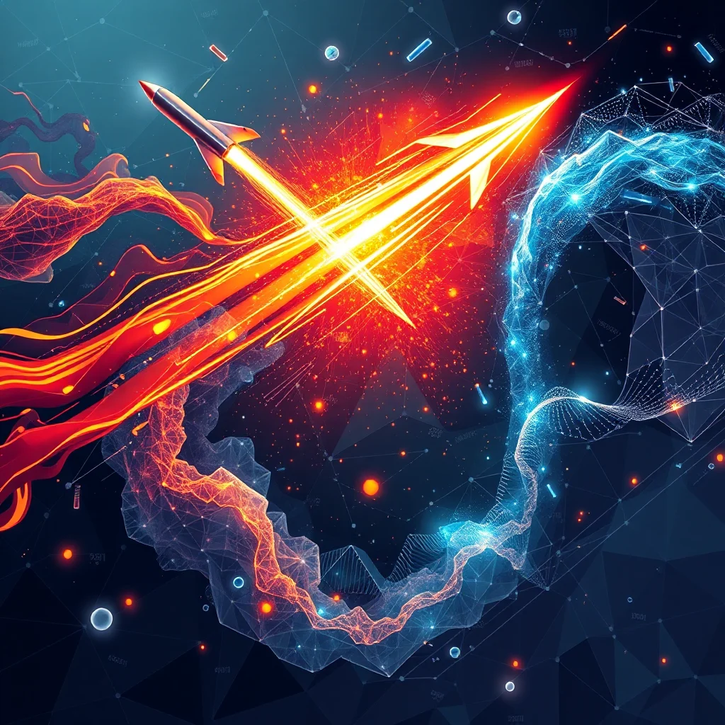 A stylized rocket blasts through a network of glowing orange and blue lines against a dark, star-filled background.