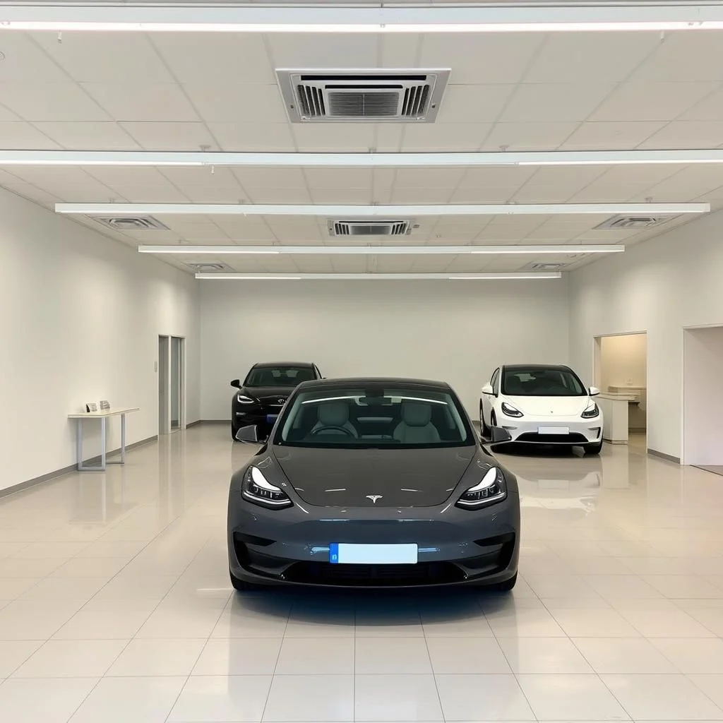 A grey Tesla is parked in the center of a clean, modern showroom, facing the viewer. To its left is a black Tesla, and to its right is a white Tesla. The showroom has white walls, a tiled floor, and fluorescent lighting.