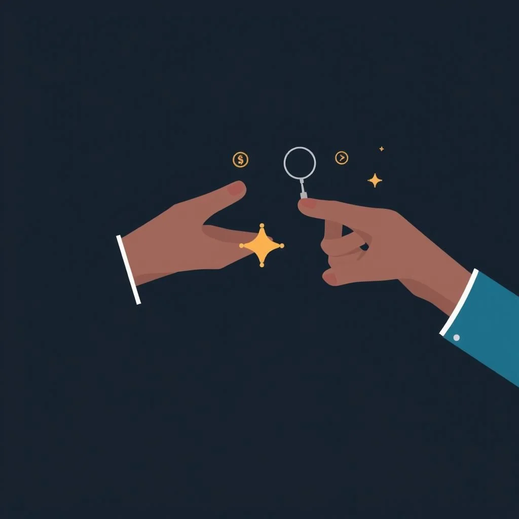 Two hands are shown against a dark blue background. The hand on the left has a gold star on its index finger and a gold dollar sign above it. The hand on the right is holding a magnifying glass with a gold key-like object in the center.