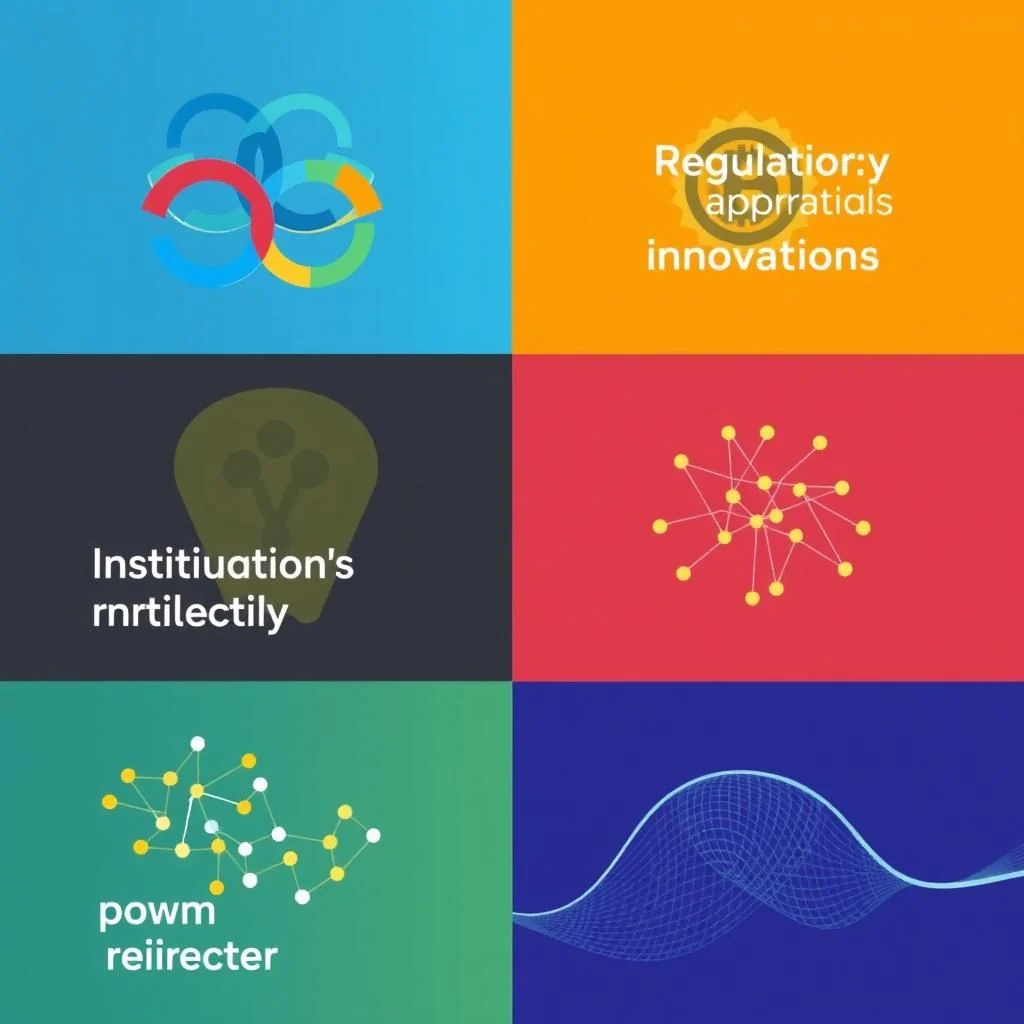 A collage of six images, divided into a 2x3 grid. The top left image features a blue background with interlocking, multicolored circles. The top right image has an orange background with white text that reads "Regulation:y appraisals innovations" and a small yellow sun icon. The middle left image has a dark gray background with a stylized yellow lightbulb icon and the text "Instititution's rnrctilectily". The middle right image has a red background with a yellow starburst-like network graphic. The bottom left image has a green background with a yellow and white network graphic and the text "powm reiirecter". The bottom right image features a dark blue background with a blue grid wireframe graphic representing a wavy line.