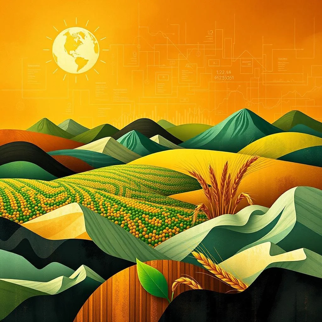 An abstract illustration of a sun-drenched landscape with rolling hills of abstractly depicted crops, possibly corn and wheat, under a bright orange sky. The sky features a stylized globe with radiating lines and faint network of lines and numbers resembling a digital overlay. The foreground shows a close-up of a wooden fence with a green leaf and wheat stalks, emphasizing a blend of nature and technology in agriculture.
