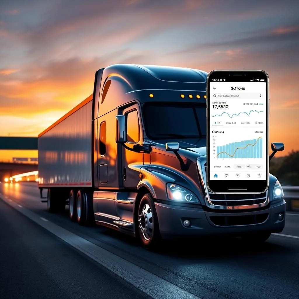 A semi-truck drives down a highway at sunset, with a smartphone displaying a financial graph superimposed on the image.