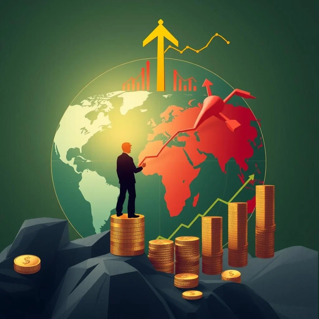 A stylized illustration of a businessman standing on a stack of gold coins, facing a globe with a red economic growth chart superimposed on it. Various stacks of coins and a green upward trending graph are also visible, suggesting themes of finance and global growth.