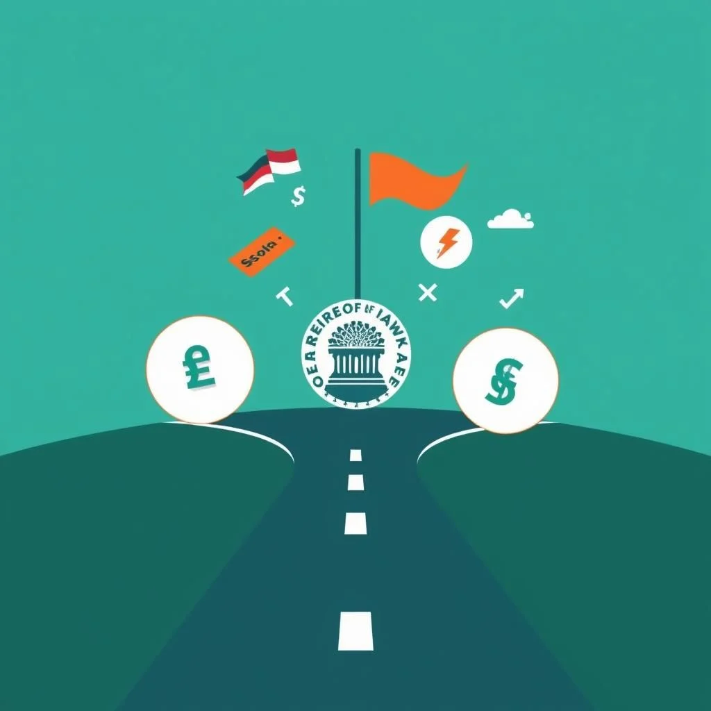 A visual metaphor showing a road splitting into two paths, with symbols of finance and economics scattered around.