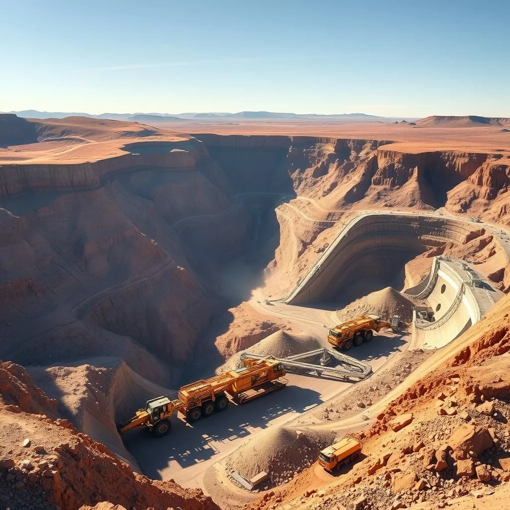 A massive open-pit mine in a desert canyon, with large yellow mining trucks and equipment operating on winding dirt roads.