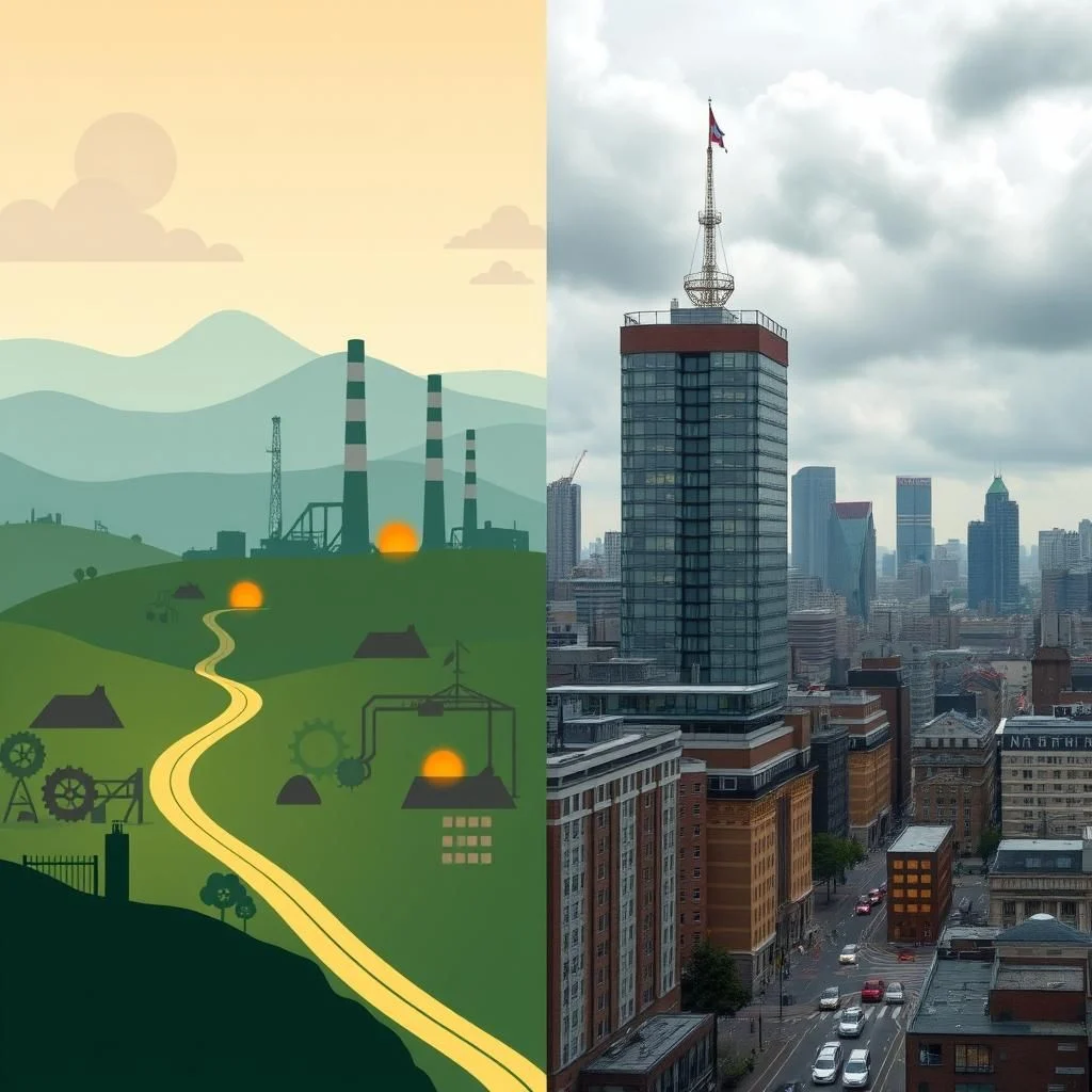 A split image shows an illustration of a rural industrial landscape on the left and a photograph of a modern city skyline on the right.