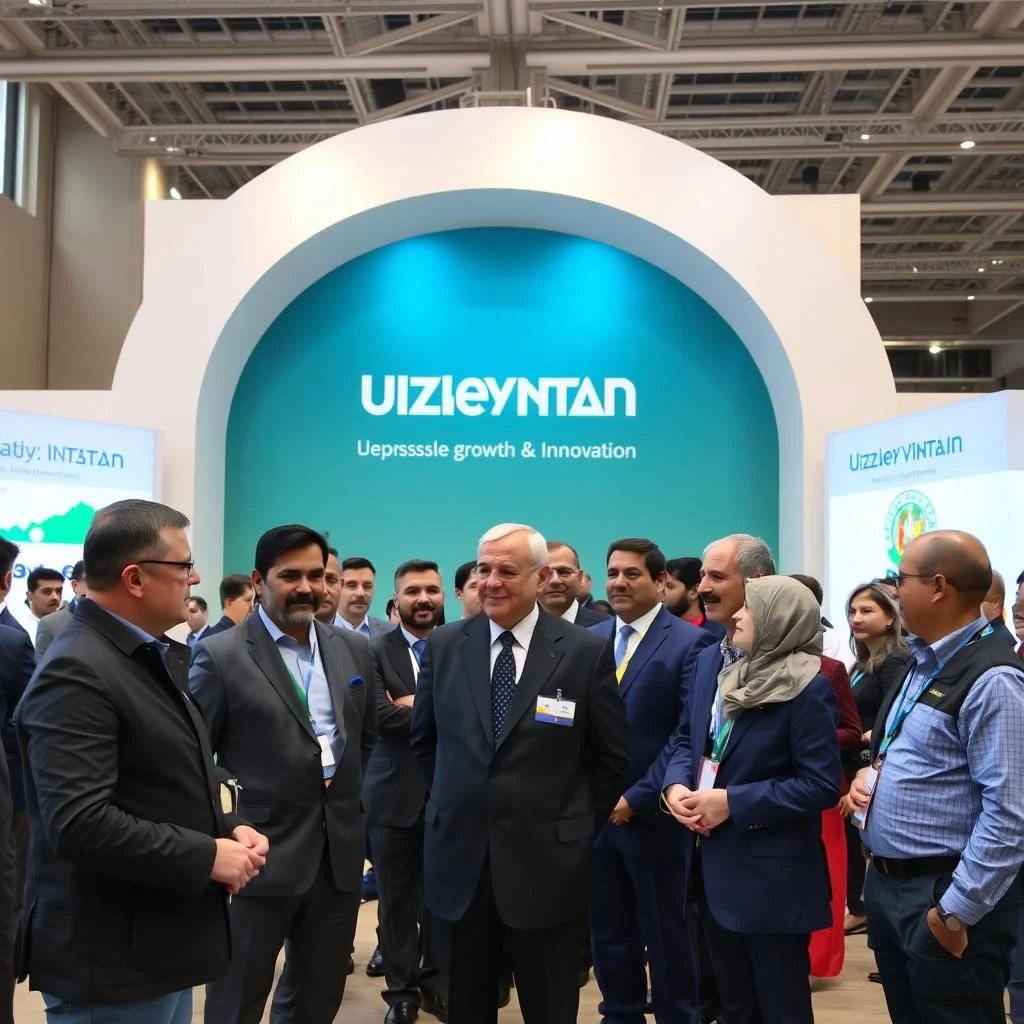 A group of men and one woman in business attire are posing for a photo in front of a large turquoise archway with a company logo and slogan on it.