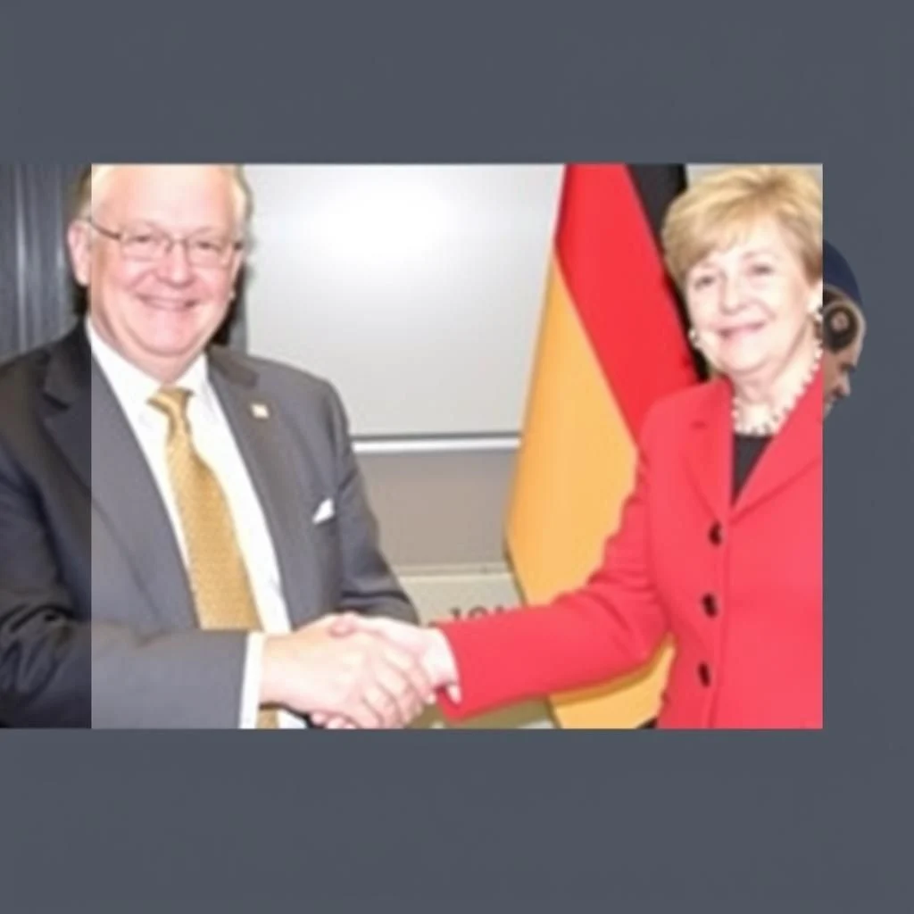A man in a grey suit and gold tie shakes hands with a woman in a red suit, with the German flag in the background.