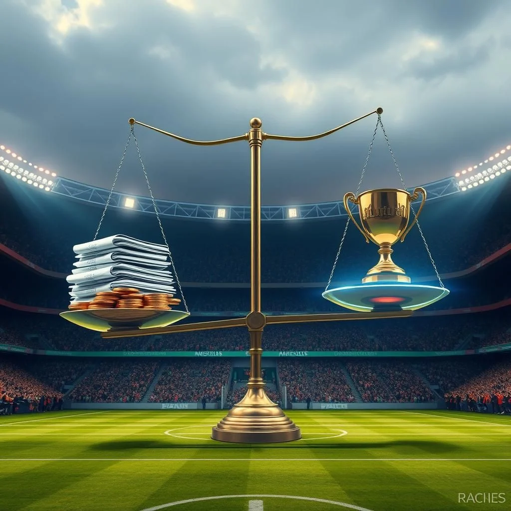 A golden balance scale sits on a soccer field in front of a packed stadium, with one side holding a stack of money and newspapers, and the other side holding a golden trophy.