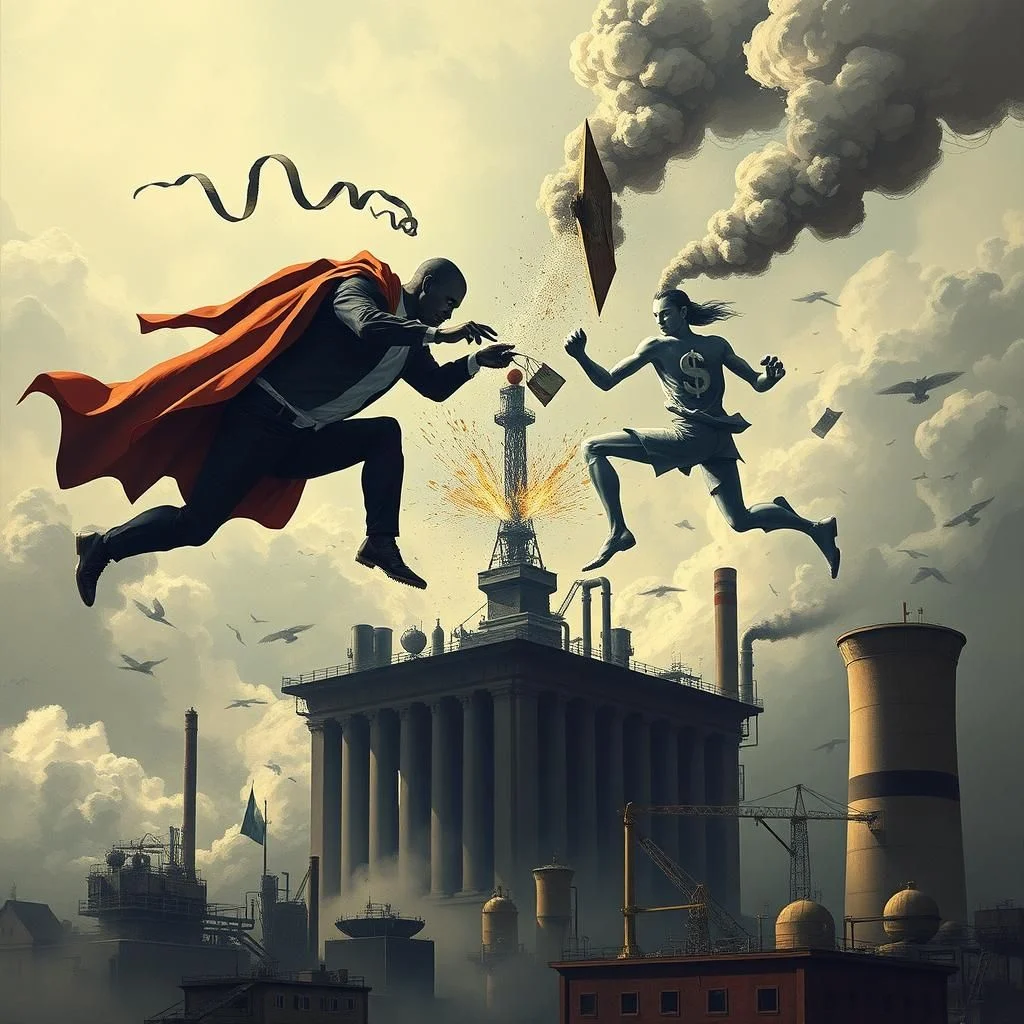 Two stylized figures leap through a cloudy sky above an industrial complex. One figure, wearing a red cape and suit, reaches towards a tall tower emitting sparks. The other figure, bare-chested with a dollar sign on its torso, also moves towards the tower.
