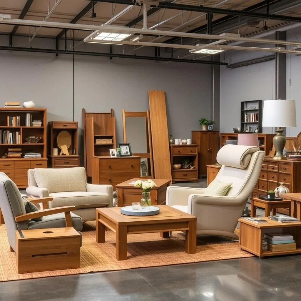 A showroom filled with wooden furniture, featuring various cabinets, a mirror, a bookshelf, chairs, and a table.