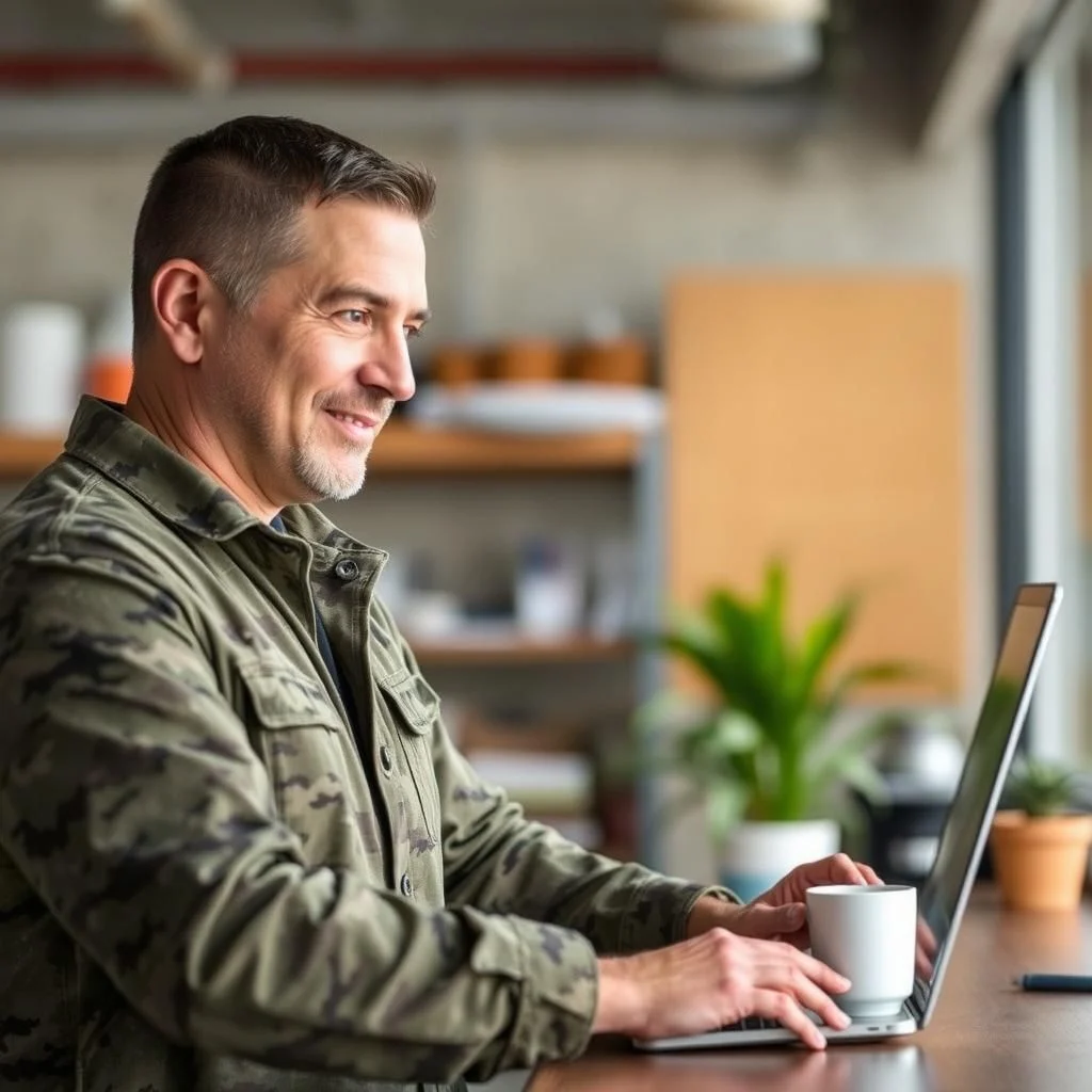 A middle-aged man with short gray hair and a beard wearing a camouflage jacket sits at a wooden table and smiles as he types on a laptop.