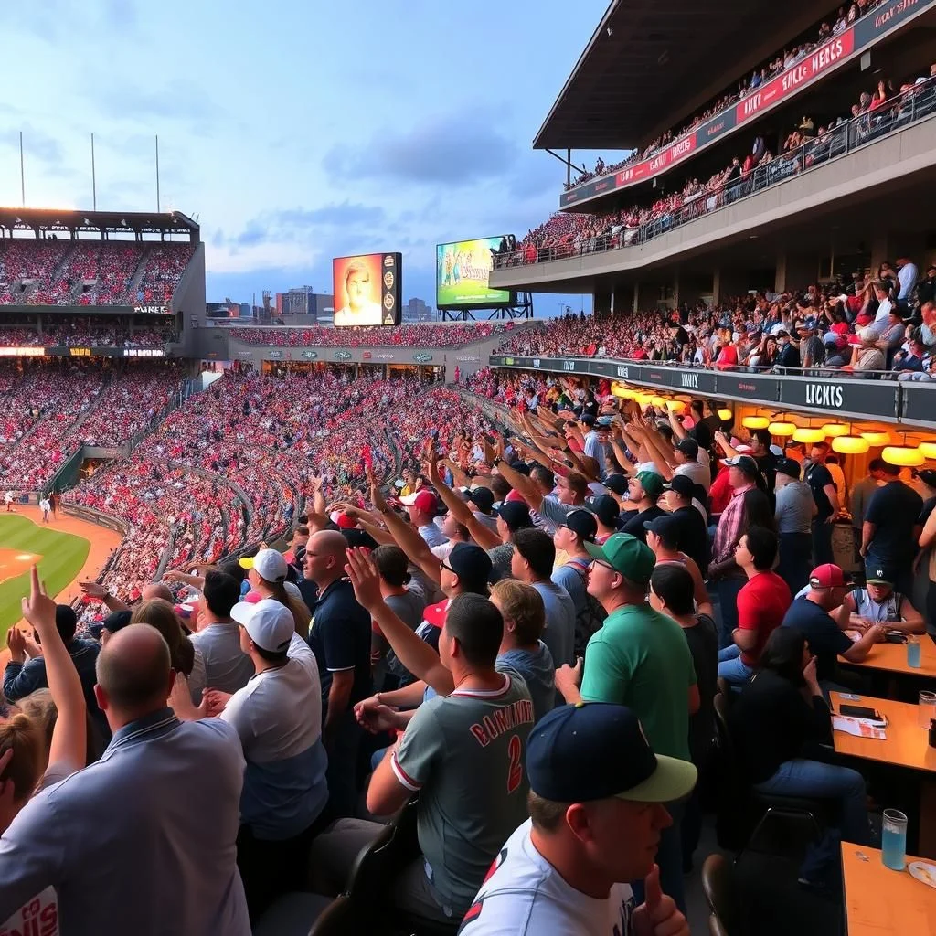 A low-angle shot captures a crowd of baseball fans cheering and raising their hands in a stadium as a game is in progress.